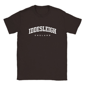 Iddesleigh T Shirt which features white text centered on the chest which says the Village name Iddesleigh in varsity style arched writing with England printed underneath.