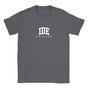 Ide T Shirt which features white text centered on the chest which says the Village name Ide in varsity style arched writing with England printed underneath.