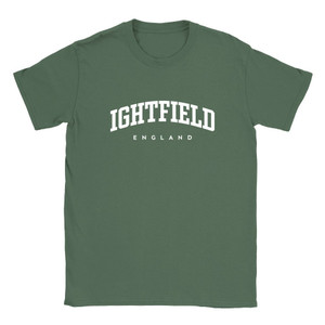 Ightfield T Shirt which features white text centered on the chest which says the Village name Ightfield in varsity style arched writing with England printed underneath.