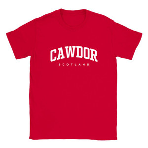 Cawdor T Shirt which features white text centered on the chest which says the Village name Cawdor in varsity style arched writing with Scotland printed underneath.