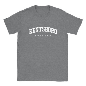Kentsboro T Shirt which features white text centered on the chest which says the Village name Kentsboro in varsity style arched writing with England printed underneath.