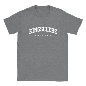 Kingsclere T Shirt which features white text centered on the chest which says the Village name Kingsclere in varsity style arched writing with England printed underneath.