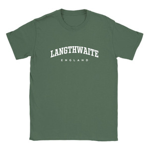 Langthwaite T Shirt which features white text centered on the chest which says the Village name Langthwaite in varsity style arched writing with England printed underneath.