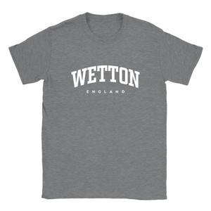 Wetton T Shirt which features white text centered on the chest which says the Village name Wetton in varsity style arched writing with England printed underneath.