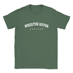 Wheaton Aston T Shirt which features white text centered on the chest which says the Village name Wheaton Aston in varsity style arched writing with England printed underneath.