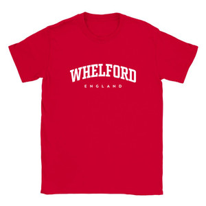 Whelford T Shirt which features white text centered on the chest which says the Village name Whelford in varsity style arched writing with England printed underneath.