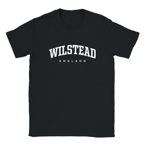 Wilstead T Shirt which features white text centered on the chest which says the Village name Wilstead in varsity style arched writing with England printed underneath.