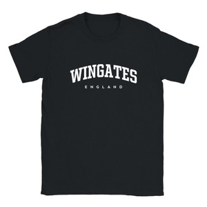 Wingates T Shirt which features white text centered on the chest which says the Village name Wingates in varsity style arched writing with England printed underneath.