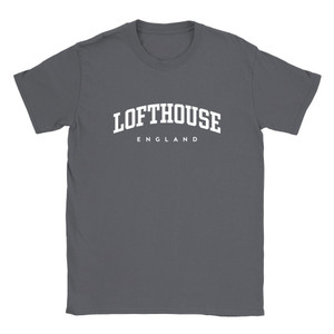Lofthouse T Shirt which features white text centered on the chest which says the Village name Lofthouse in varsity style arched writing with England printed underneath.
