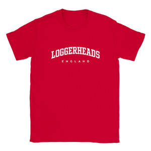 Loggerheads T Shirt which features white text centered on the chest which says the Village name Loggerheads in varsity style arched writing with England printed underneath.