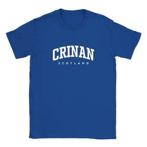 Crinan T Shirt which features white text centered on the chest which says the Village name Crinan in varsity style arched writing with Scotland printed underneath.