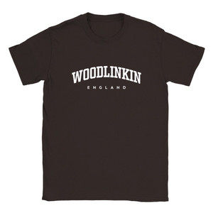 Woodlinkin T Shirt which features white text centered on the chest which says the Village name Woodlinkin in varsity style arched writing with England printed underneath.