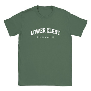Lower Clent T Shirt which features white text centered on the chest which says the Village name Lower Clent in varsity style arched writing with England printed underneath.