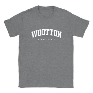 Wootton T Shirt which features white text centered on the chest which says the Village name Wootton in varsity style arched writing with England printed underneath.