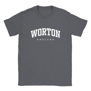 Worton T Shirt which features white text centered on the chest which says the Village name Worton in varsity style arched writing with England printed underneath.