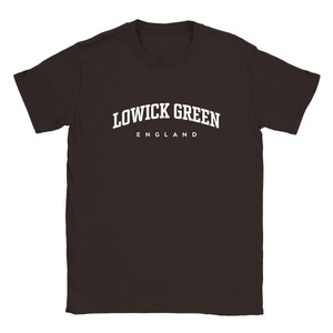 Lowick Green T Shirt which features white text centered on the chest which says the Village name Lowick Green in varsity style arched writing with England printed underneath.