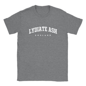 Lydiate Ash T Shirt which features white text centered on the chest which says the Village name Lydiate Ash in varsity style arched writing with England printed underneath.
