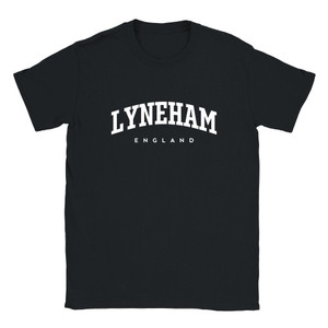 Lyneham T Shirt which features white text centered on the chest which says the Village name Lyneham in varsity style arched writing with England printed underneath.