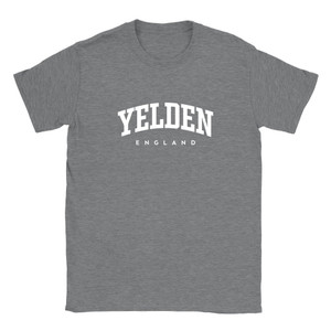 Yelden T Shirt which features white text centered on the chest which says the Village name Yelden in varsity style arched writing with England printed underneath.