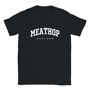 Meathop T Shirt which features white text centered on the chest which says the Village name Meathop in varsity style arched writing with England printed underneath.
