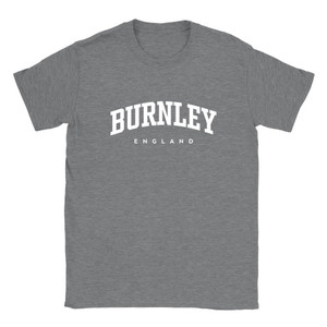 Burnley T Shirt which features white text centered on the chest which says the Town name Burnley in varsity style arched writing with England printed underneath. Burnley T Shirt which features white text centered on the chest which says the Town name Burnley in varsity style arched writing with England printed underneath.