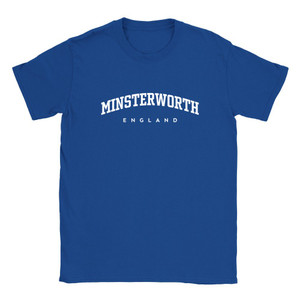 Minsterworth T Shirt which features white text centered on the chest which says the Village name Minsterworth in varsity style arched writing with England printed underneath.