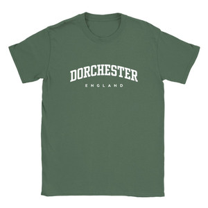 Dorchester T Shirt which features white text centered on the chest which says the Town name Dorchester in varsity style arched writing with England printed underneath.