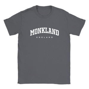 Monkland T Shirt which features white text centered on the chest which says the Village name Monkland in varsity style arched writing with England printed underneath.