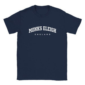 Monks Eleigh T Shirt which features white text centered on the chest which says the Village name Monks Eleigh in varsity style arched writing with England printed underneath.