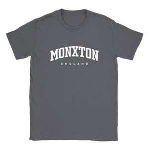Monxton T Shirt which features white text centered on the chest which says the Village name Monxton in varsity style arched writing with England printed underneath.