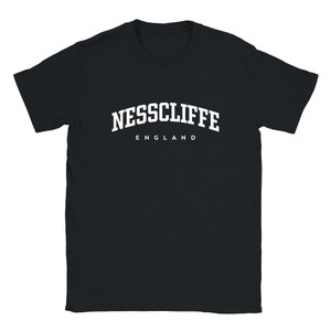 Nesscliffe T Shirt which features white text centered on the chest which says the Village name Nesscliffe in varsity style arched writing with England printed underneath.