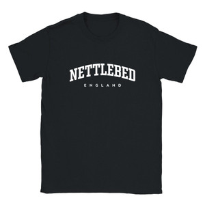 Nettlebed T Shirt which features white text centered on the chest which says the Village name Nettlebed in varsity style arched writing with England printed underneath.