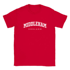 Middleham T Shirt which features white text centered on the chest which says the Town name Middleham in varsity style arched writing with England printed underneath.