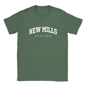 New Mills T Shirt which features white text centered on the chest which says the Town name New Mills in varsity style arched writing with England printed underneath.