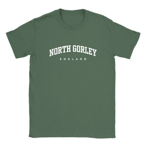 North Gorley T Shirt which features white text centered on the chest which says the Village name North Gorley in varsity style arched writing with England printed underneath.