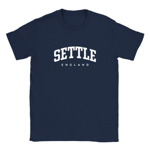 Settle T Shirt which features white text centered on the chest which says the Town name Settle in varsity style arched writing with England printed underneath.