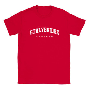 Stalybridge T Shirt which features white text centered on the chest which says the Town name Stalybridge in varsity style arched writing with England printed underneath.