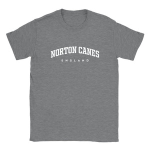Norton Canes T Shirt which features white text centered on the chest which says the Village name Norton Canes in varsity style arched writing with England printed underneath.