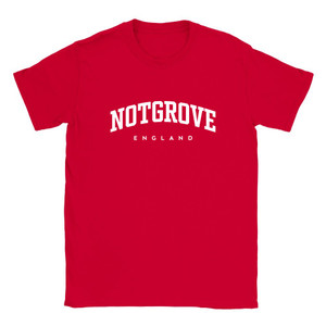Notgrove T Shirt which features white text centered on the chest which says the Village name Notgrove in varsity style arched writing with England printed underneath.