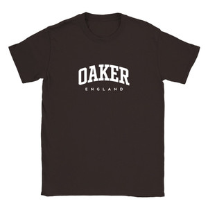 Oaker T Shirt which features white text centered on the chest which says the Village name Oaker in varsity style arched writing with England printed underneath.