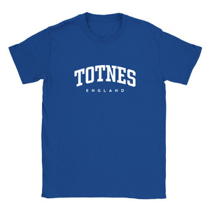 Totnes T Shirt which features white text centered on the chest which says the Town name Totnes in varsity style arched writing with England printed underneath.