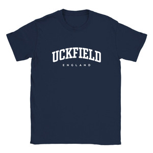 Uckfield T Shirt which features white text centered on the chest which says the Town name Uckfield in varsity style arched writing with England printed underneath.