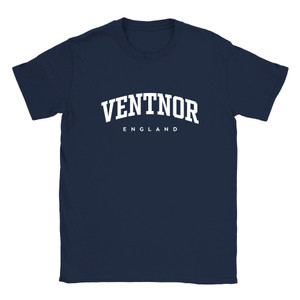 Ventnor T Shirt which features white text centered on the chest which says the Town name Ventnor in varsity style arched writing with England printed underneath.