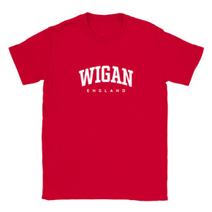 Wigan T Shirt which features white text centered on the chest which says the Town name Wigan in varsity style arched writing with England printed underneath.