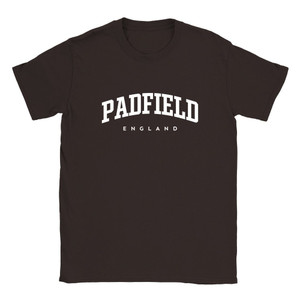 Padfield T Shirt which features white text centered on the chest which says the Village name Padfield in varsity style arched writing with England printed underneath.