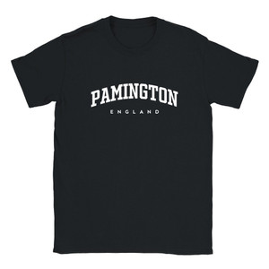 Pamington T Shirt which features white text centered on the chest which says the Village name Pamington in varsity style arched writing with England printed underneath.