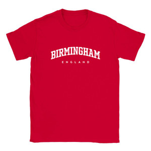 Birmingham T Shirt which features white text centered on the chest which says the City name Birmingham in varsity style arched writing with England printed underneath.
