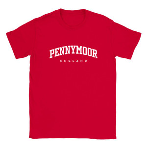 Pennymoor T Shirt which features white text centered on the chest which says the Village name Pennymoor in varsity style arched writing with England printed underneath.
