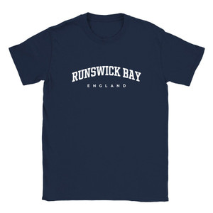 Runswick Bay T Shirt which features white text centered on the chest which says the Village name Runswick Bay in varsity style arched writing with England printed underneath.