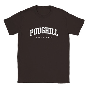 Poughill T Shirt which features white text centered on the chest which says the Village name Poughill in varsity style arched writing with England printed underneath.